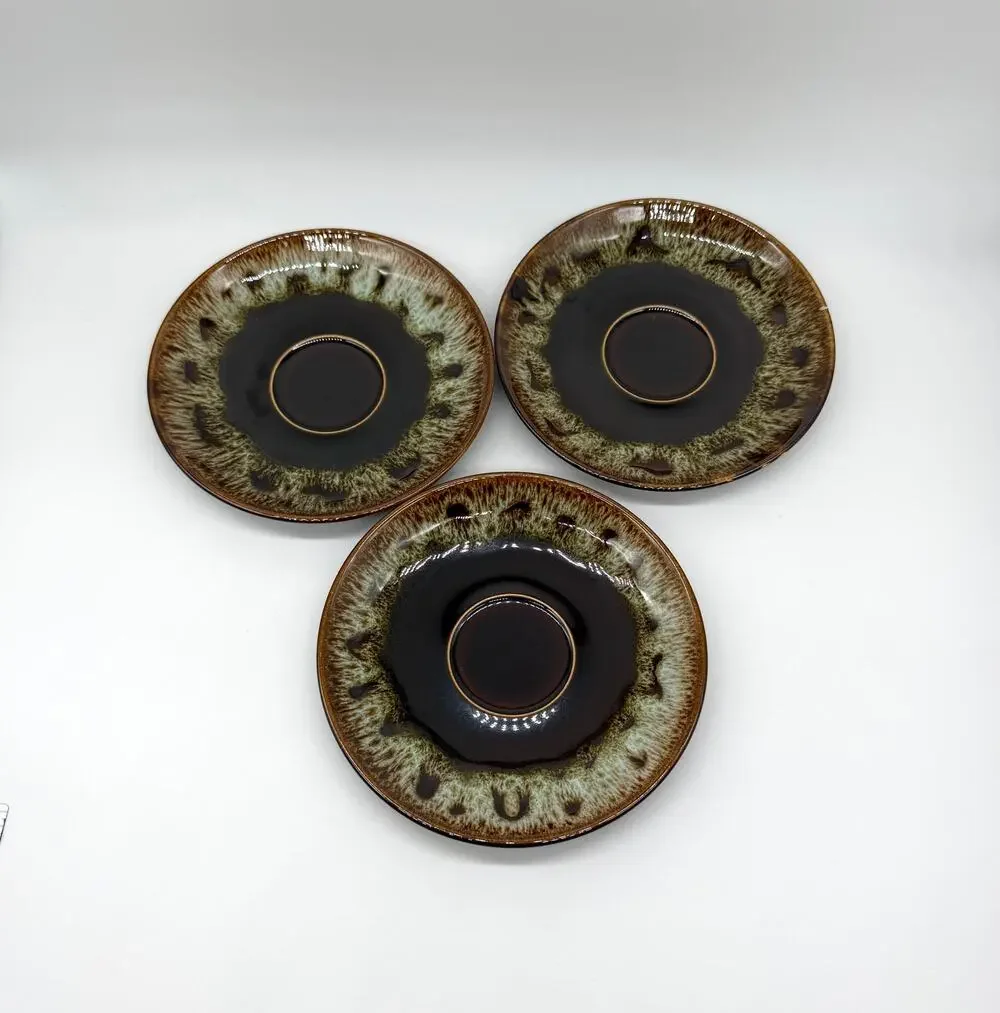Vintage Brown Drip Glaze Stoneware Salad Dessert Plates Set 3 Rustic Pottery
